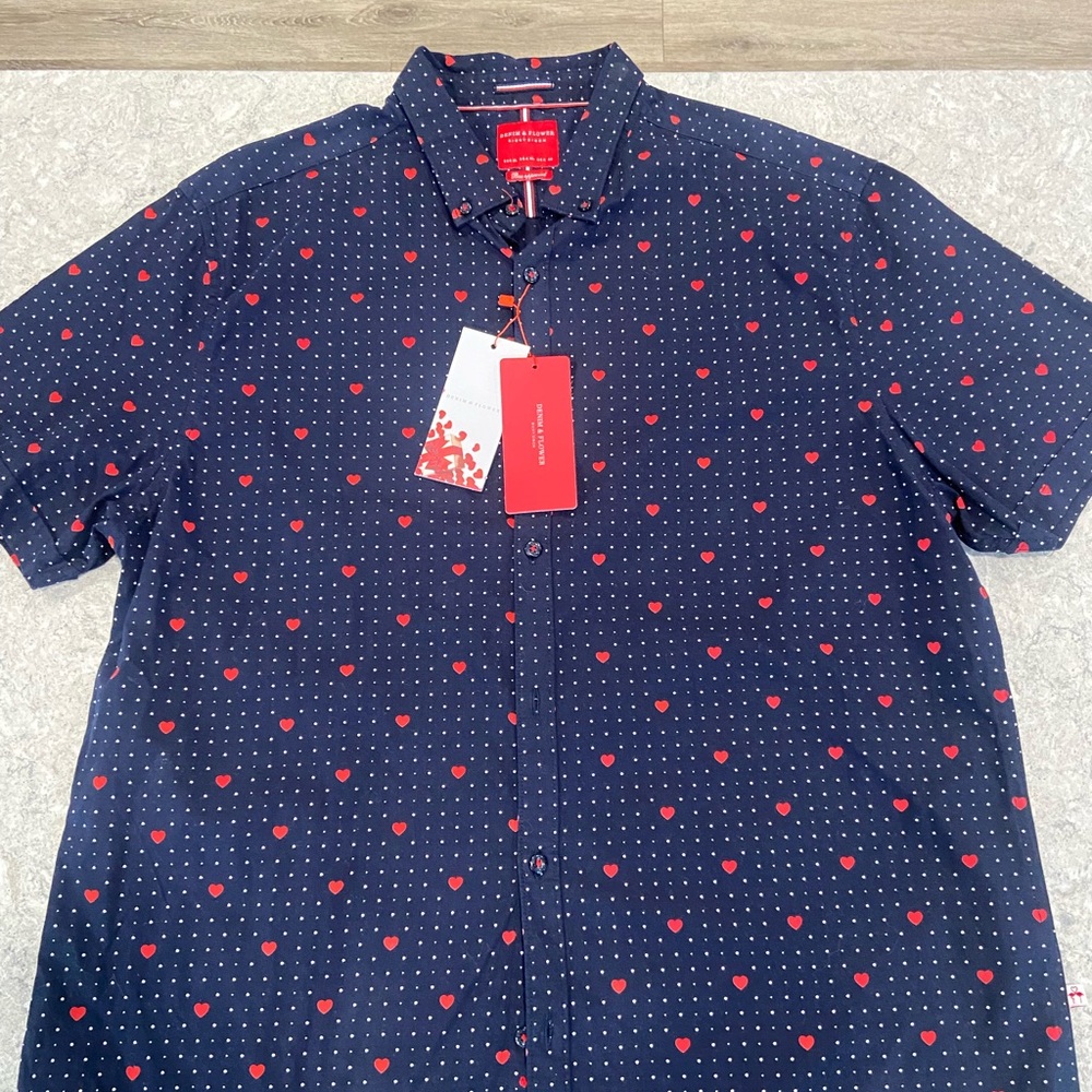 Denim & Flower Dark Blue Shirt with Red Heart Pattern-XL NWT